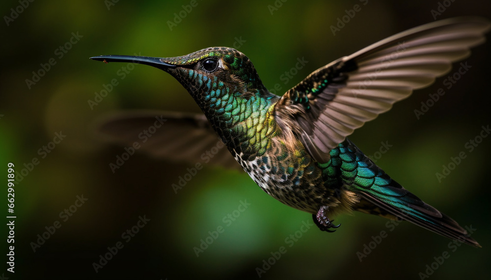 Fototapeta premium Hovering hummingbird flaps iridescent wings near purple flower in nature generated by AI