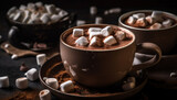 Rustic table holds homemade hot chocolate with dark chocolate shavings generated by AI
