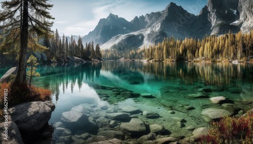 Tranquil scene of majestic mountain range reflects in tranquil pond generated by AI © Stockgiu