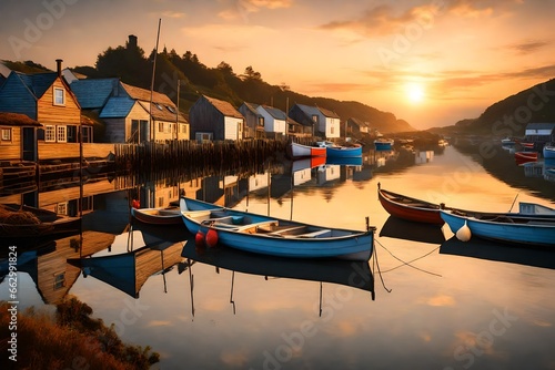 a serene coastal village at sunrise with fishing boats and cottages.