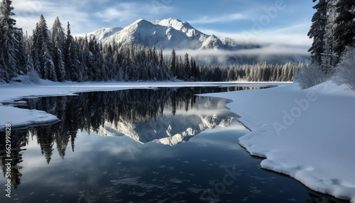 Tranquil winter landscape: frozen mountain range, blue sky, icy water generated by AI
