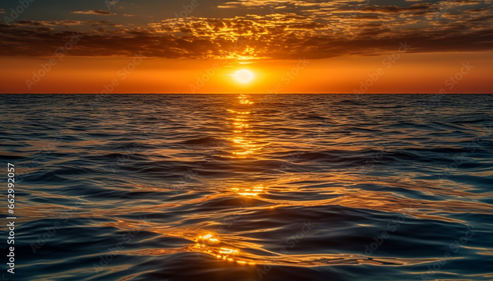 Tranquil sunset seascape, vibrant sky reflects on water surface generated by AI
