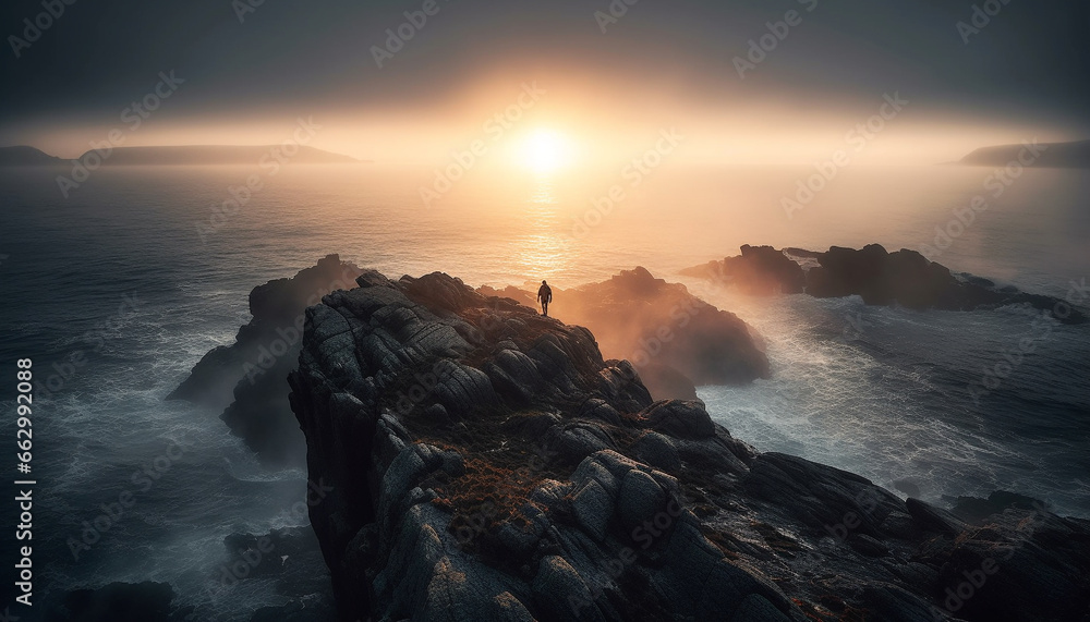 Silhouette of one person on rocky cliff at sunset generated by AI