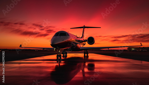 Silhouette of cargo airplane taking off at dusk, back lit by sunset generated by AI