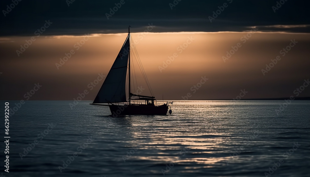 Sailing yacht glides on tranquil waves at sunset, pure relaxation generated by AI