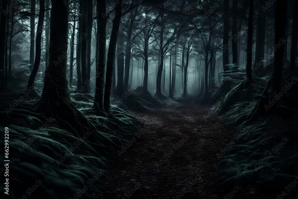 A haunted trail through a dark forest.