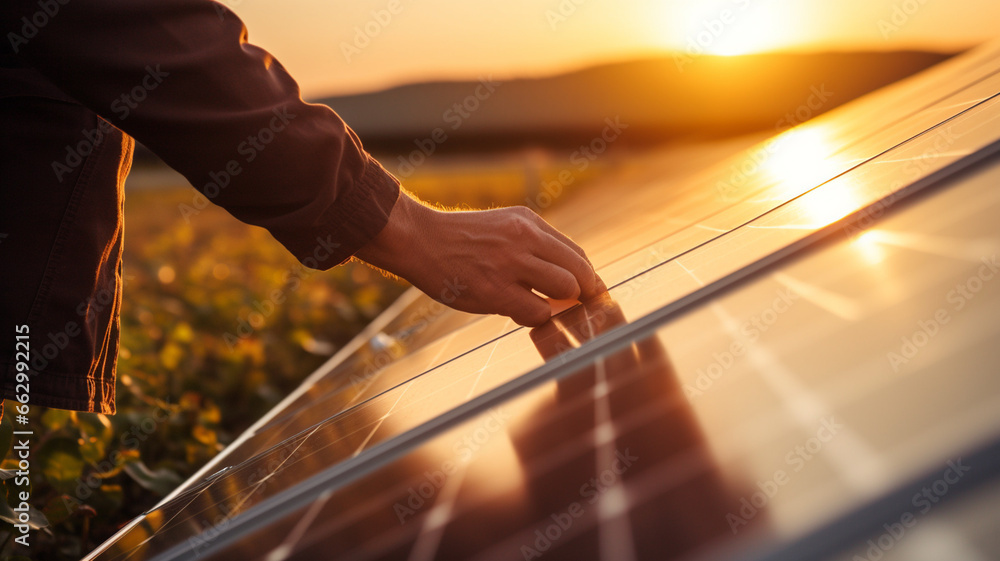 hand holding solar panels - obrazy, fototapety, plakaty 