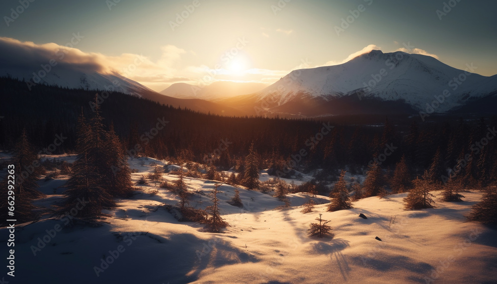 Tranquil winter landscape: mountain range, pine trees, and frozen beauty generated by AI