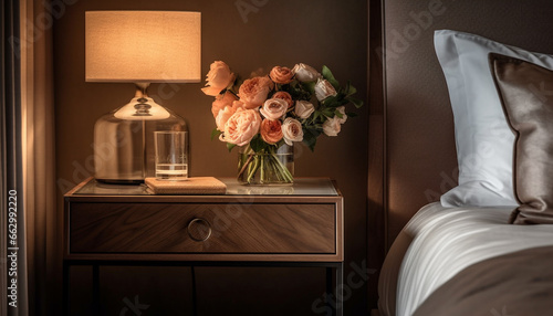 Modern luxury bedroom with elegant decor, comfortable bedding, and antique vase generated by AI