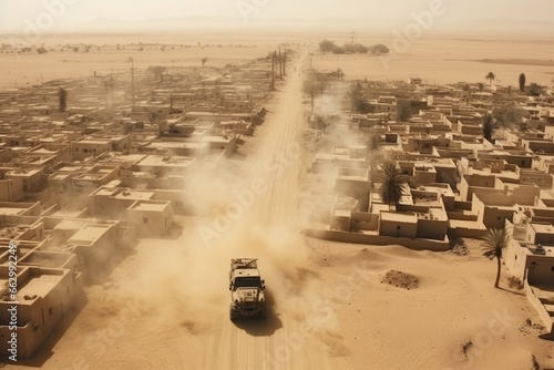 Aerial view town in a the middle east and military jeeps with machineguns drive through the desert, kicking up dust. photo