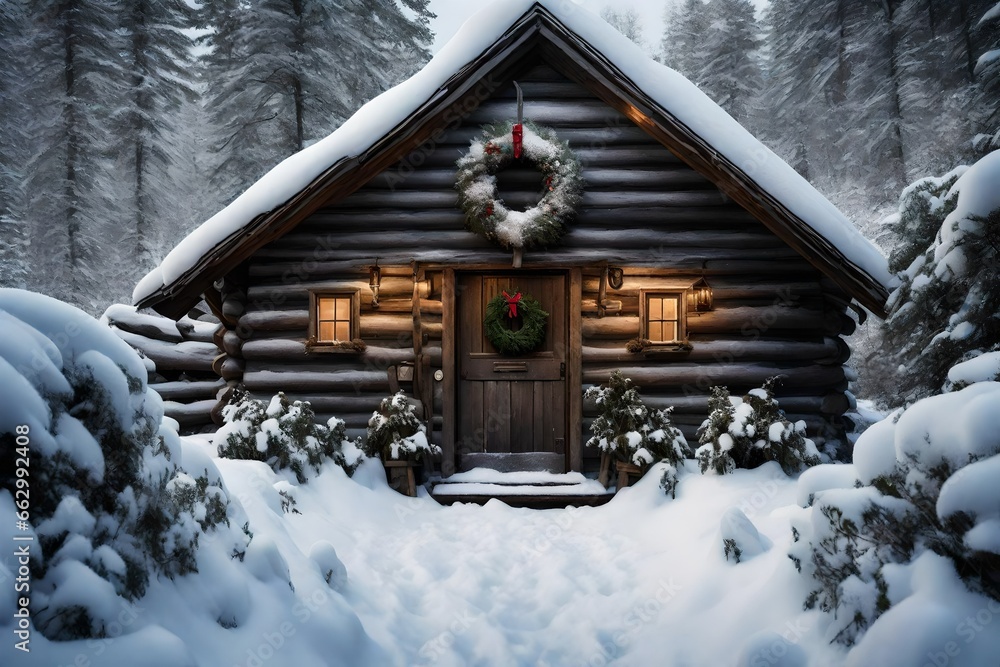 a snow-covered cabin with a wreath on the front door. - obrazy, fototapety, plakaty 