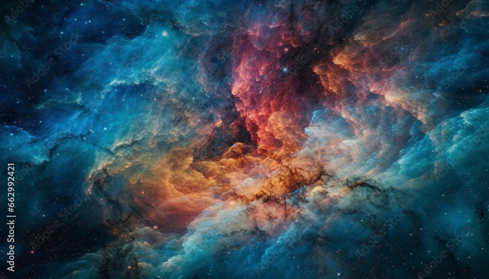 Deep blue nebula glows in star field, a cosmic wallpaper generated by AI