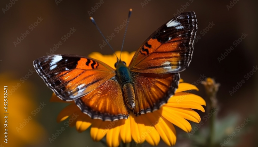 Obraz premium Vibrant butterfly wing in macro, pollinating a yellow flower outdoors generated by AI