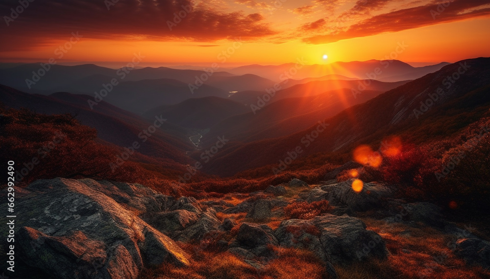 Tranquil sunset reflects beauty in nature on majestic mountain peak generated by AI