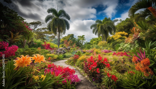 Tropical palm tree in a multi colored formal garden oasis generated by AI