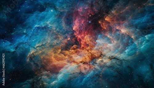 Deep blue nebula glows in star field, a cosmic wallpaper generated by AI