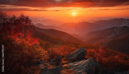 Majestic mountain peak backlit by sunrise, tranquil meadow, autumn colors generated by AI