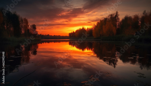 Idyllic mountain meadow reflects vibrant sunset over tranquil pond generated by AI