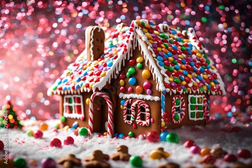 a gingerbread house covered in candy decorations. © Fahad