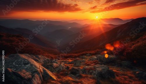 Tranquil sunset reflects beauty in nature on majestic mountain peak generated by AI © Stockgiu