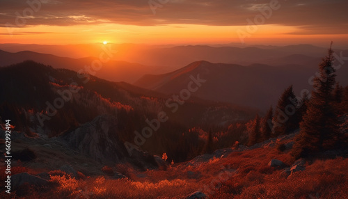 Majestic mountain peak back lit by sunset  a tranquil scene generated by AI