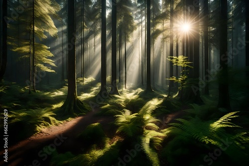 a serene forest landscape with sunlight filtering through the trees.