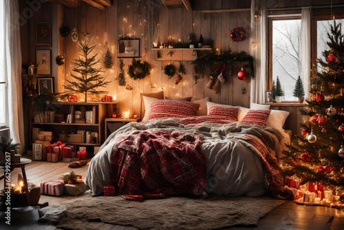 a cozy bedroom with Christmas-themed bedding. © Fahad