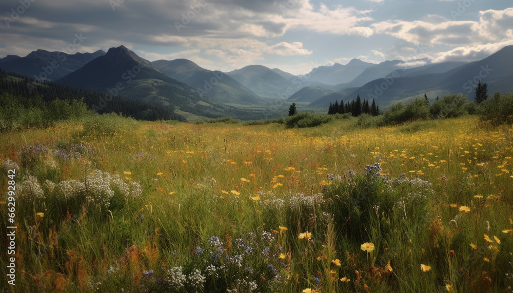 Mountain meadow blooms with yellow wildflowers under blue sky generated by AI