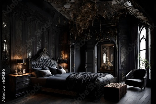 a gothic-style bedroom with dark, brooding colors, velvet cushions, and intricate, ornate details.