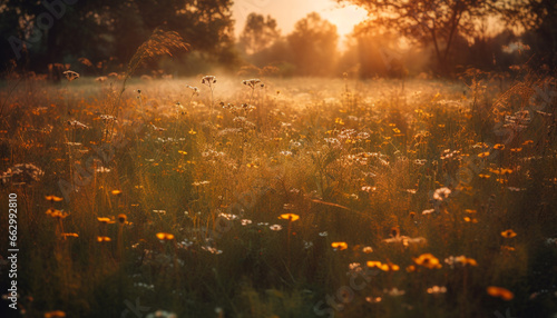 Vibrant wildflowers bloom in a rural meadow at sunset generated by AI
