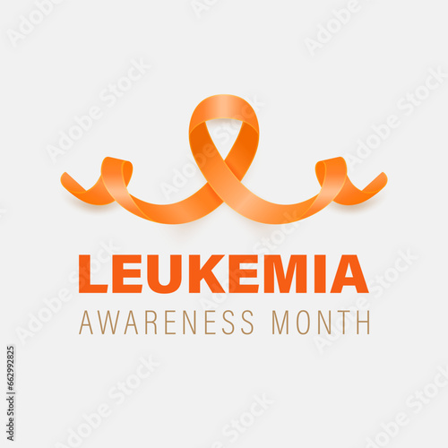 Leukemia, Blood Cancer Banner, Card, Placard with Vector 3d Realistic Orange Ribbon on White Background. Leukemia Cancer Awareness Month Symbol Closeup, September. World Leukemia Cancer Day Concept