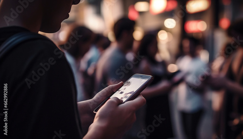 Young adults in the city use smartphones for text messaging generated by AI