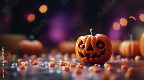 Smiling halloween pumpkin and candies in minimalist style. AI generated