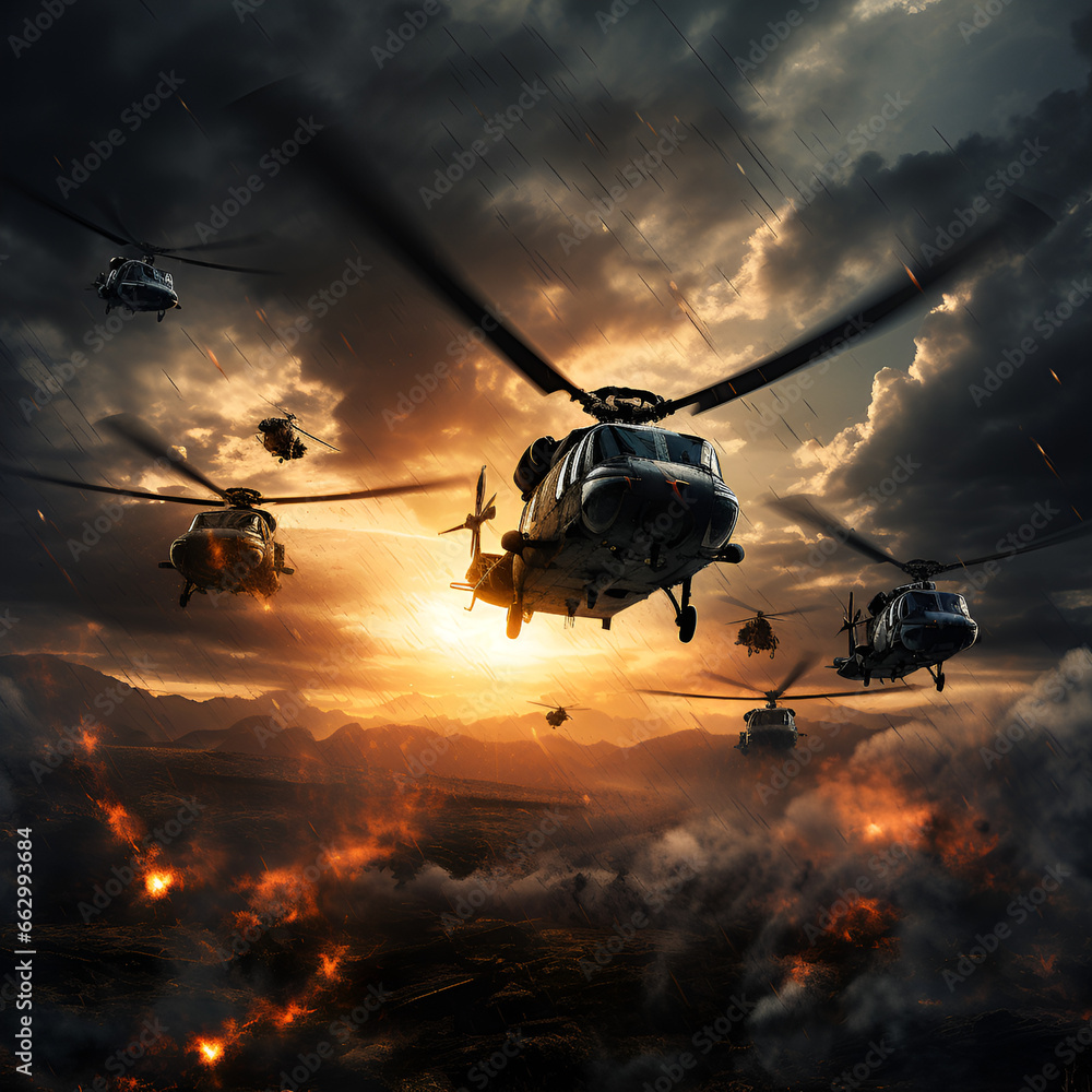 Helicopter squadron flying in the sky for operation Helicopter squadron flying in the sky for operation