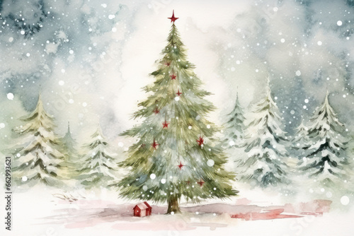 watercolour illustration of a colorful snowy christmas forest snow December cottage core in a painted textured style with pine trees for cards/journal/stationary design hand drawn look
