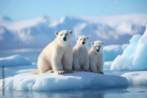 Three cute polar bears on ice