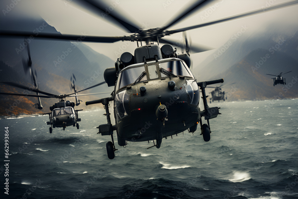 Helicopter squadron flying in the sky for operation Helicopter squadron flying in the sky for operation