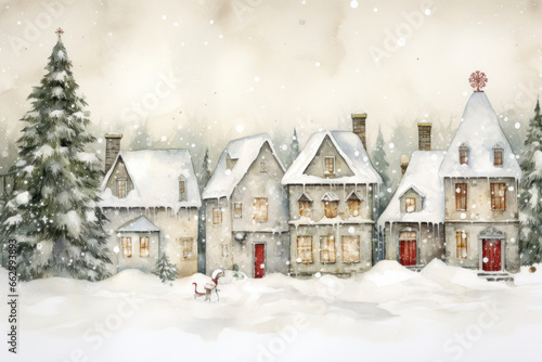 watercolour illustration of a colorful snowy christmas forest snow December cottage core in a painted textured style with little houses trees for cards/journal/stationary design hand drawn look