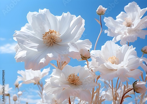 This close-up view captures the beauty of white flowers in a serene field against a vibrant blue sky, showcasing the purity and freshness of nature on a sunny day.