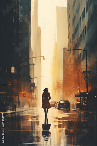 silhouette of a woman walking through a sci-fi futuristic neon light street in big city with skyscrapers in the rain gloomy foggy dark in textured pencil hand drawn color block sketch illustration