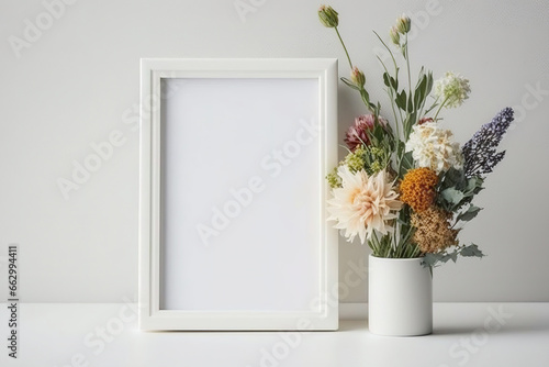 Front-view blank photo frame mockup with flowers on white background. Minimalist home office décor. Generative AI