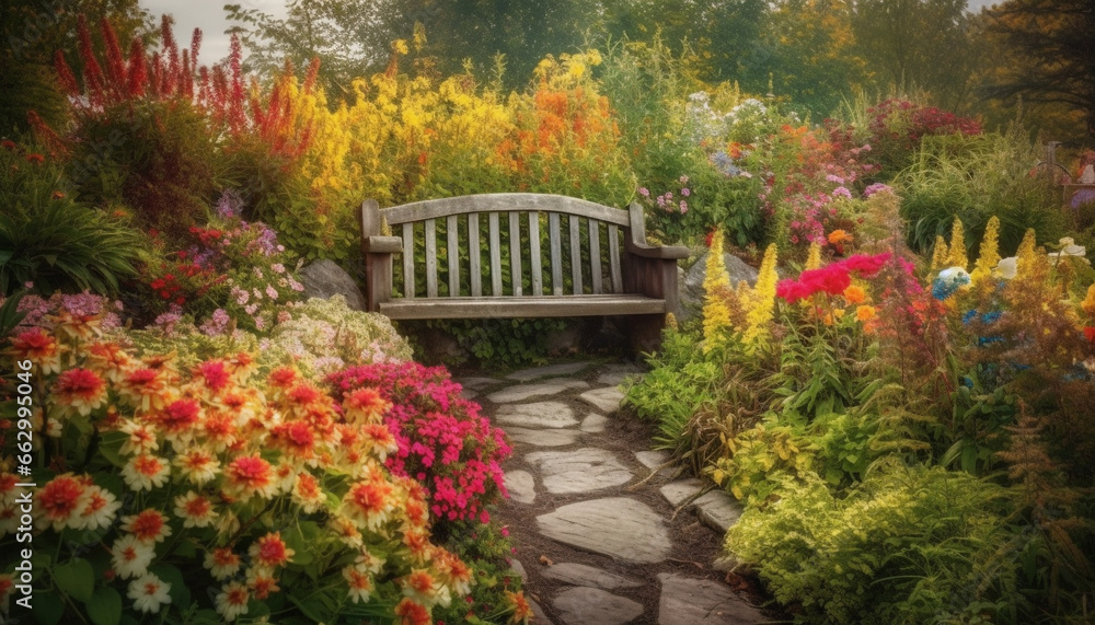 Obraz premium A tranquil scene of a formal garden with vibrant flowers generated by AI