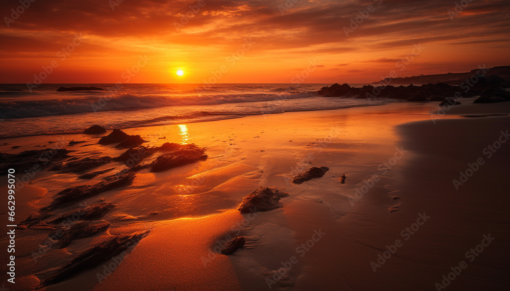 Tranquil sunset over tropical coastline, a serene beauty in nature generated by AI