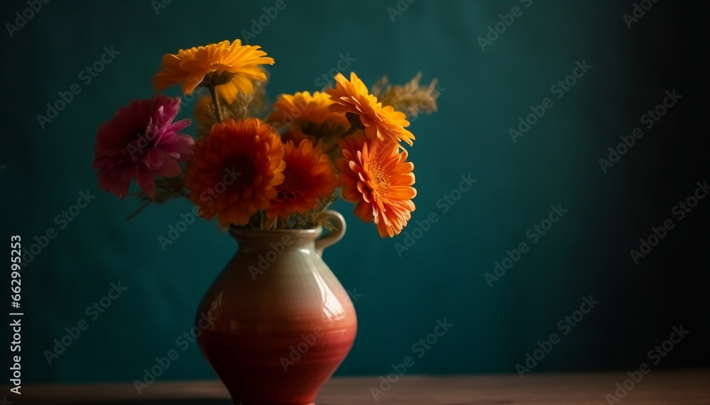 Summer bouquet on wooden table, pottery vase, fresh flower arrangement generated by AI - obrazy, fototapety, plakaty 