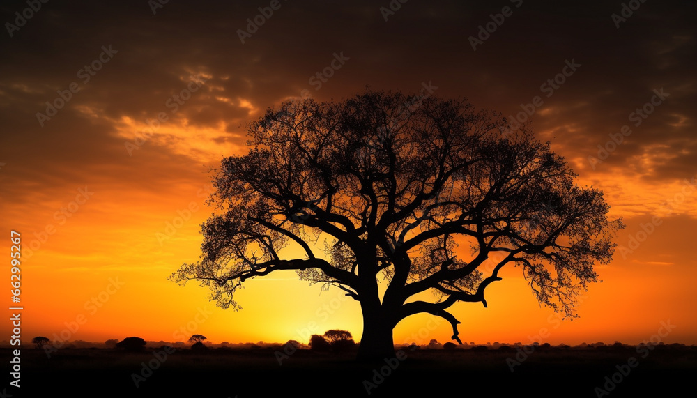 Tranquil savannah landscape, backlit acacia tree, orange sunset beauty generated by AI