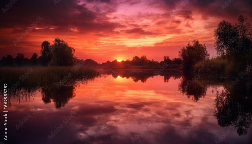 Tranquil sunset reflects vibrant beauty of nature tranquil scene generated by AI