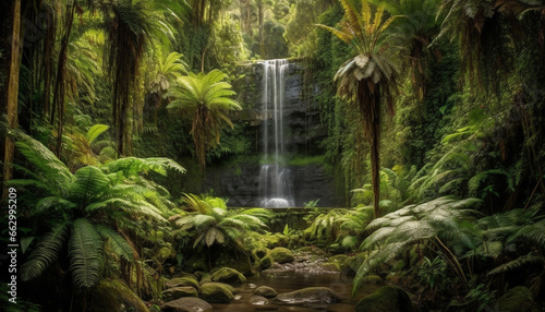 Tropical rainforest beauty in nature: green plant growth, flowing water generated by AI