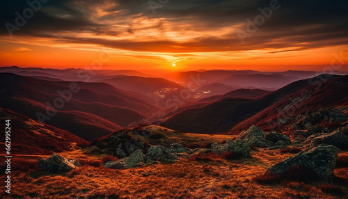 Tranquil mountain landscape, majestic peak, backlit by sunset sky generated by AI © Stockgiu