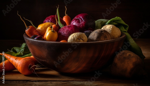 Rustic still life Fresh organic vegetables in a wooden bowl generated by AI