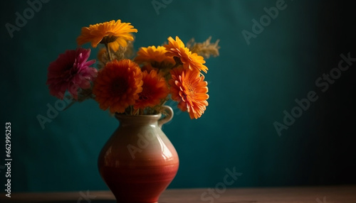 Summer bouquet on wooden table, pottery vase, fresh flower arrangement generated by AI